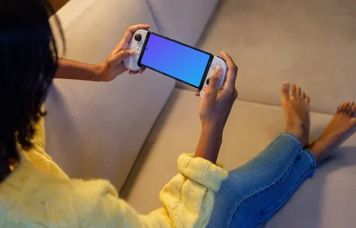 Google Pixel 6 mockup with gaming grip in a cozy living room