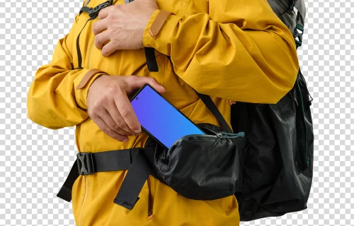 Hiker dressed in yellow holding a Google Pixel mockup