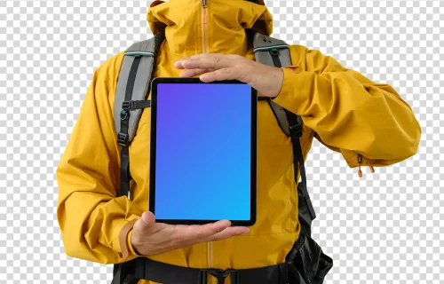 Hiker in yellow jacket with an iPad mockup