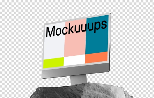 iMac 24 Mockup on a Textured Rock Base with Dramatic Lighting