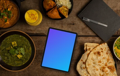 Indian food around tablet mockup