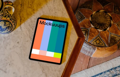 iPad Air mockup on a brown table