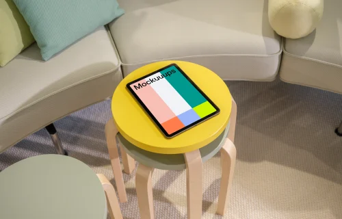 iPad Air mockup on a modern living room side table
