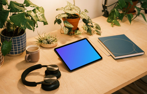 iPad Air mockup on a table beside multiple potted plants