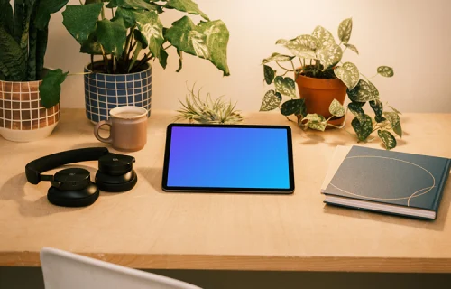 iPad Air mockup on a table with potted plants at the side