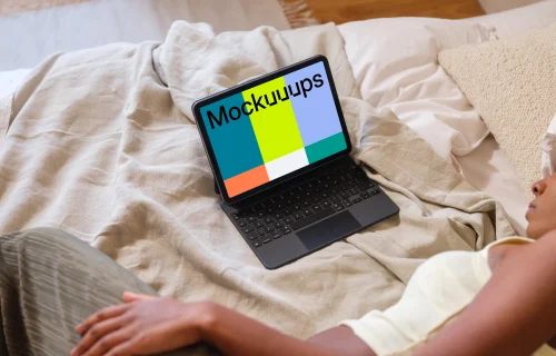 iPad Air mockup on cozy home bedding