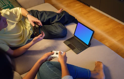 iPad Air mockup on cozy home couch during gaming