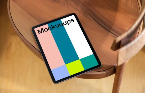iPad Air mockup on wooden round chair
