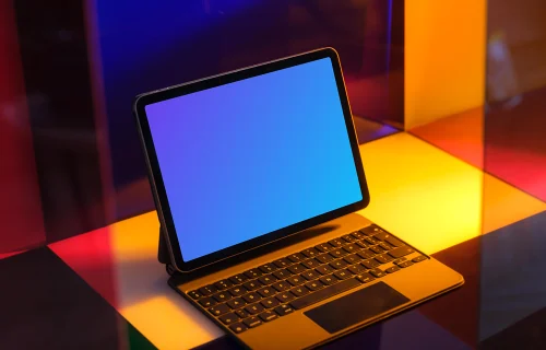 iPad mockup on a colorful background