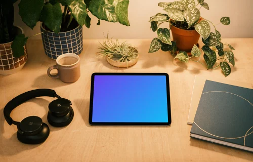 iPad mockup on a table with a diary at the side