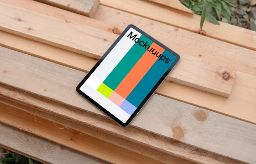 iPad mockup on wooden boards