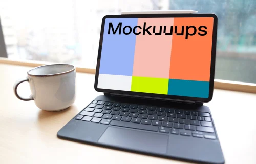 iPad mockup with a cup