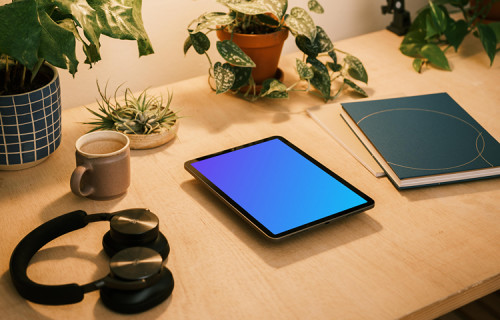 iPad mockup with a spiral bound notebook at the side