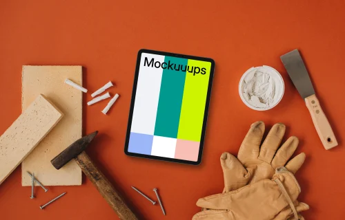 iPad mockup with a whole range of equipment for the workshop