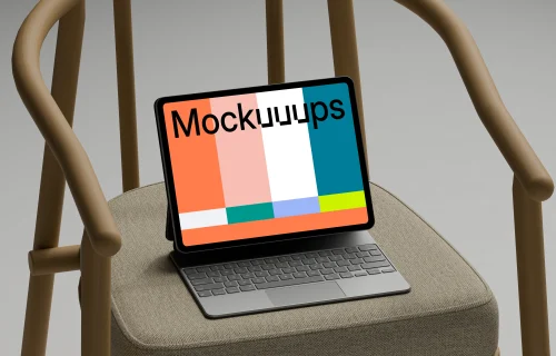 iPad Pro mockup on modern wooden chair