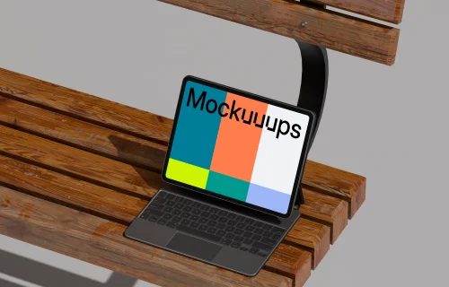 iPad Pro mockup on wooden bench