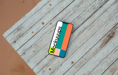 iPhone 13 Pro mockup on a wooden platform