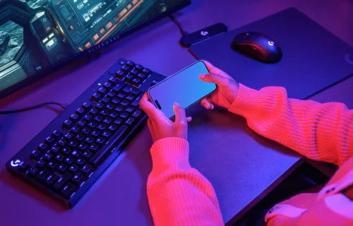 iPhone 15 Pro mockup in gaming setup