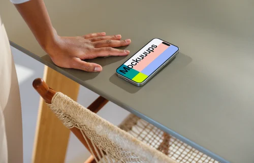 iPhone 15 Pro mockup on a modern office desk