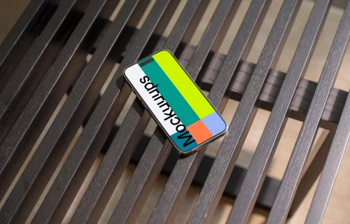 iPhone 15 Pro mockup on modern wooden bench