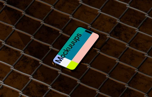 iPhone 16 mockup on a metal grid surface