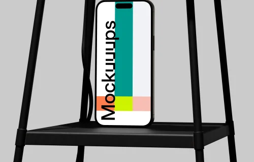 iPhone 16 mockup on a metal stand