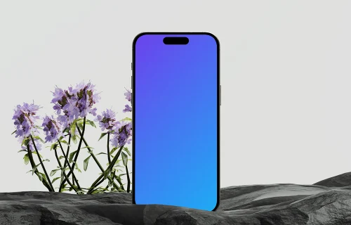 iPhone 16 mockup with floral and stone elements