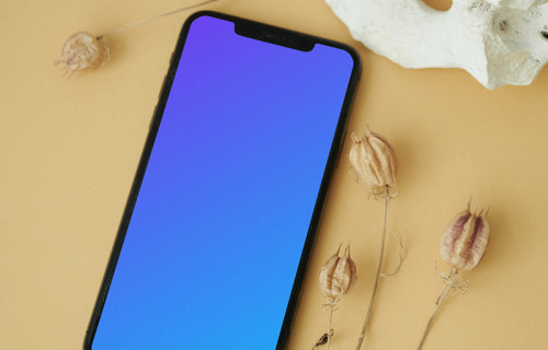 iPhone mockup on a light brown table