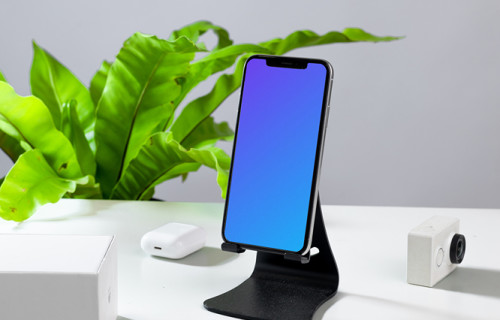 iPhone mockup on a phone stand
