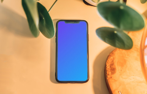 iPhone mockup underneath with leaves in foreground