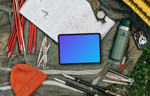 Landscape tablet mockup on camp grounds