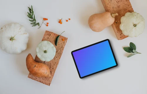 Landscape tablet mockup on the white table