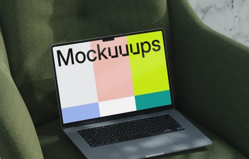 MacBook Air mockup on a green armchair