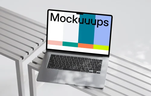 MacBook Air mockup on a modern slatted bench