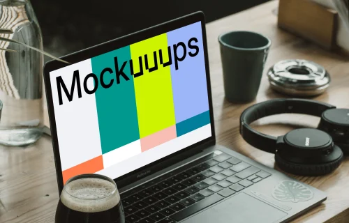 MacBook Pro 13 mockup on wooden desk