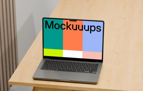 MacBook Pro 14-inch mockup on wooden table