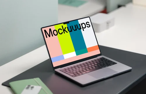 MacBook Pro 14 mockup on a modern office desk