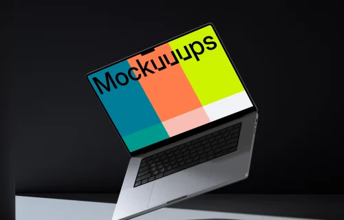 MacBook Pro 16 inch mockup floating over dual-tone backdrop