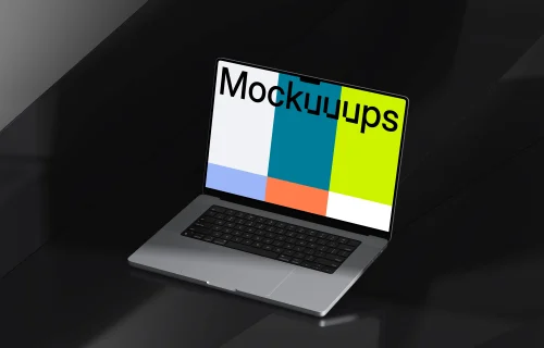 MacBook Pro 16 inch Mockup on a Glossy Black Surface
