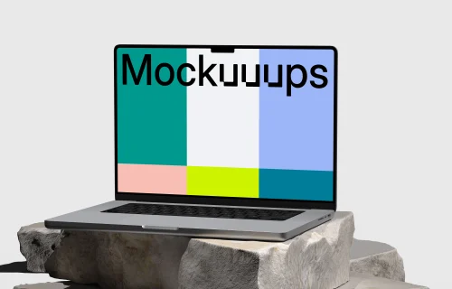 MacBook Pro 16 inch mockup on textured stone blocks