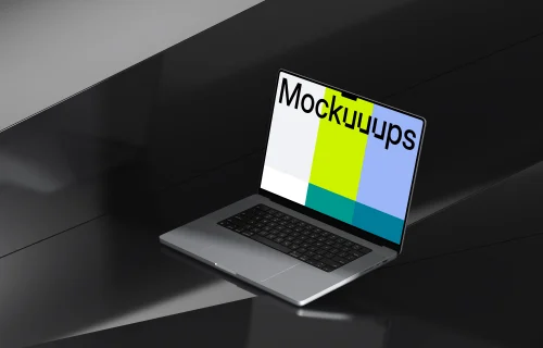 MacBook Pro 16 Mockup on a Glossy Black Surface