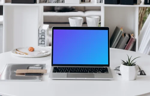 MacBook Pro mockup in front of a shelf