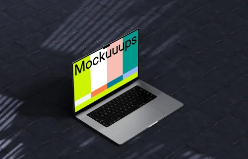 MacBook Pro mockup on a dark tiled floor