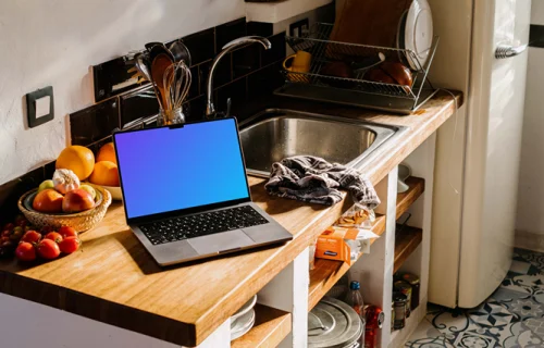 MacBook Pro mockup on a kitchen counter