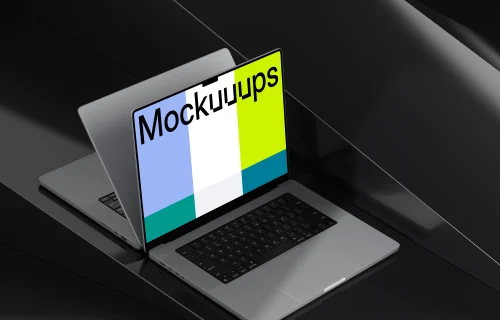 MacBook Pro mockup on glossy black surface