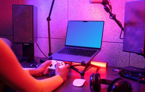 MacBook Pro mockup with gaming setup