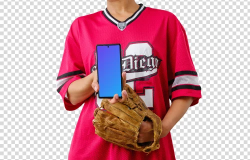 Member of the baseball team with a smartphone mockup