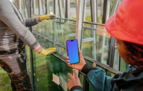 Modern construction project with an iPhone mockup