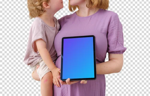 Parent with child and iPad mockup