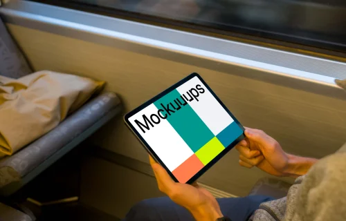 Passenger holding tablet mockup on the train